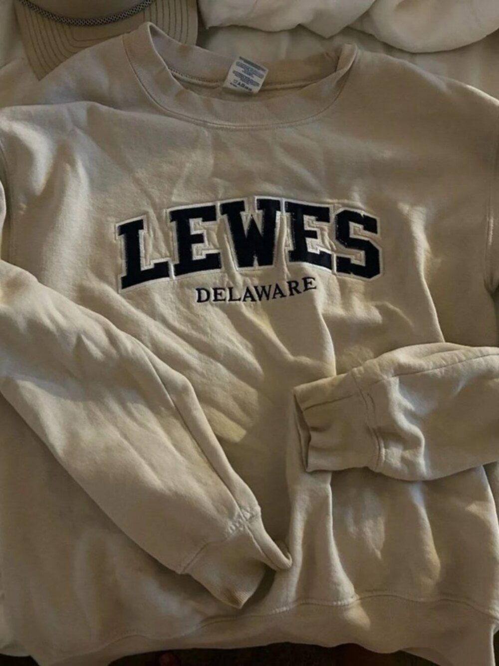 Gildan Heavy Blend Beige Crewneck Sweatshirt with Navy Logo